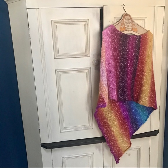 Hand Knit Rainbow Poncho Shawl - Picture 8 of 8